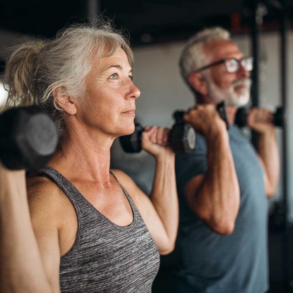 Mature adults performing strength training exercises with proper form
