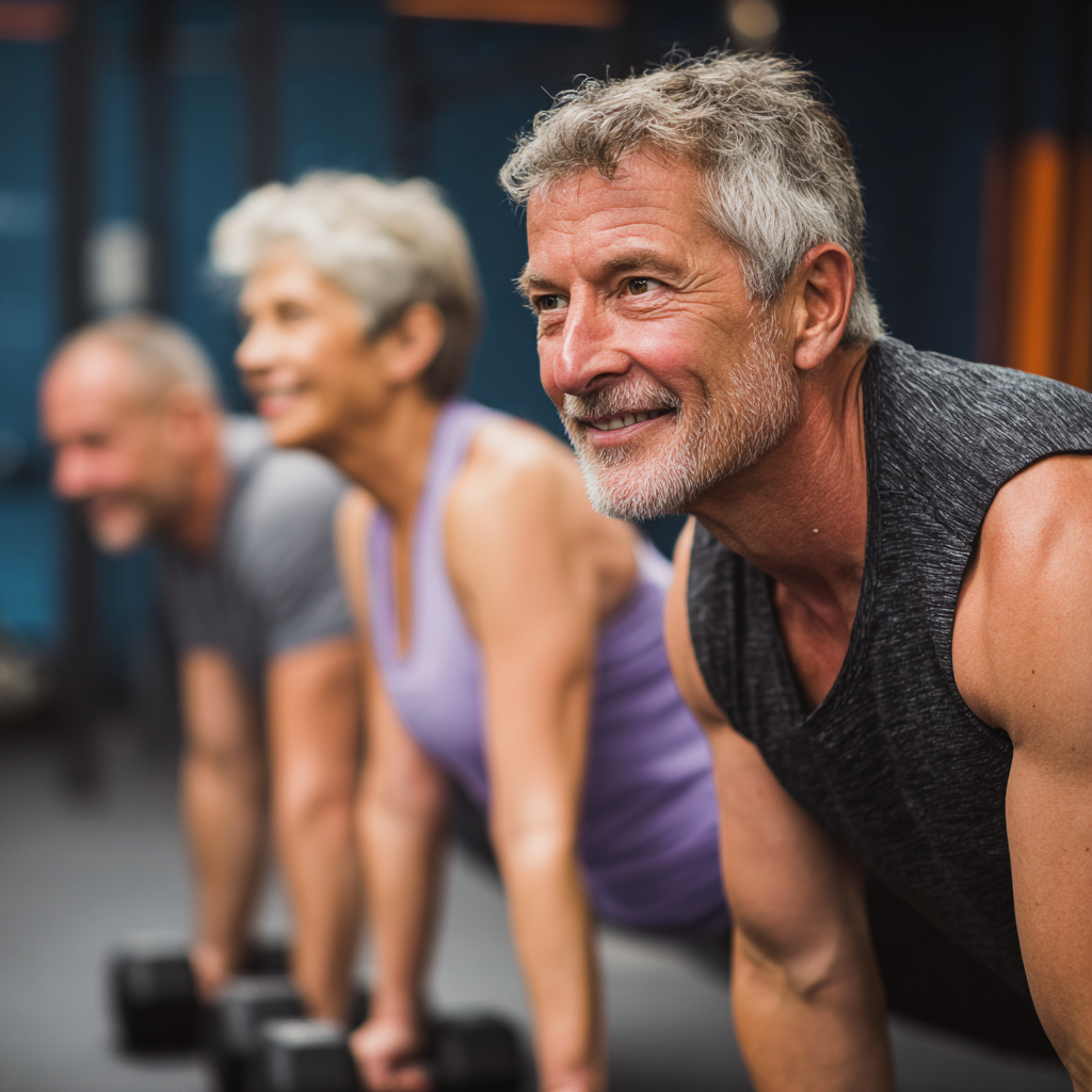 Middle-aged adults engaged in functional fitness training session